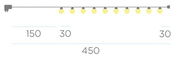 Technische Maßskizze einer Lichterkette mit 10 Lampen, Gesamtbreite 450 cm, Abstände 150 cm und 30 cm, Frontansicht