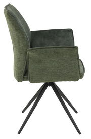 Seitenansicht eines grünen Armlehnstuhls mit schwarzem Metallgestell.