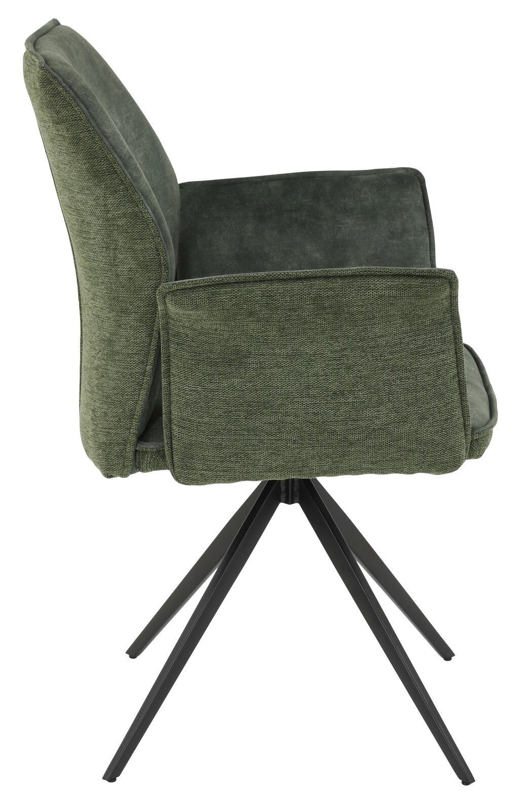 Seitenansicht eines grünen Armlehnstuhls mit schwarzem Metallgestell.