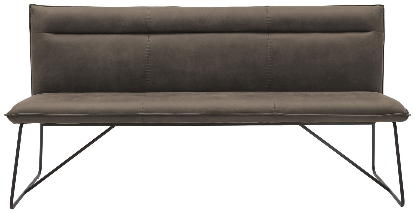 Moderne Bank mit braunem Polster und schwarzem Metallgestell, Frontalansicht