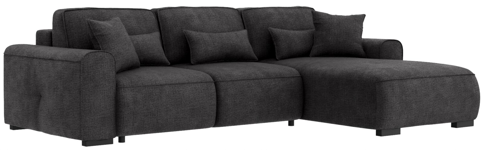 Dunkelgraue Rundecke (L) mit mehreren Kissen, Perspektive von vorne links