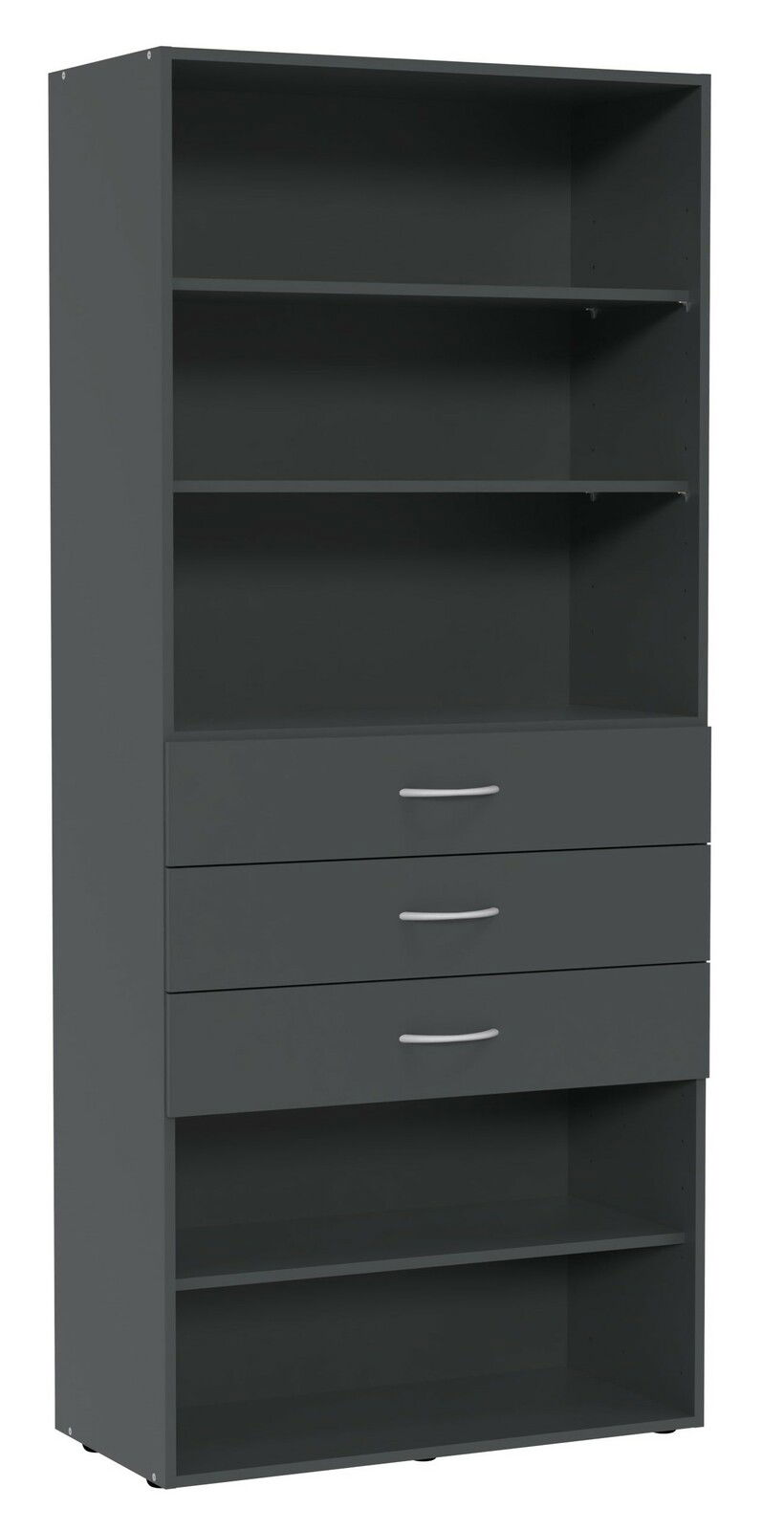 Hohes Regal in dunklem Grau mit mehreren offenen Fächern und drei Schubladen, Frontalansicht
