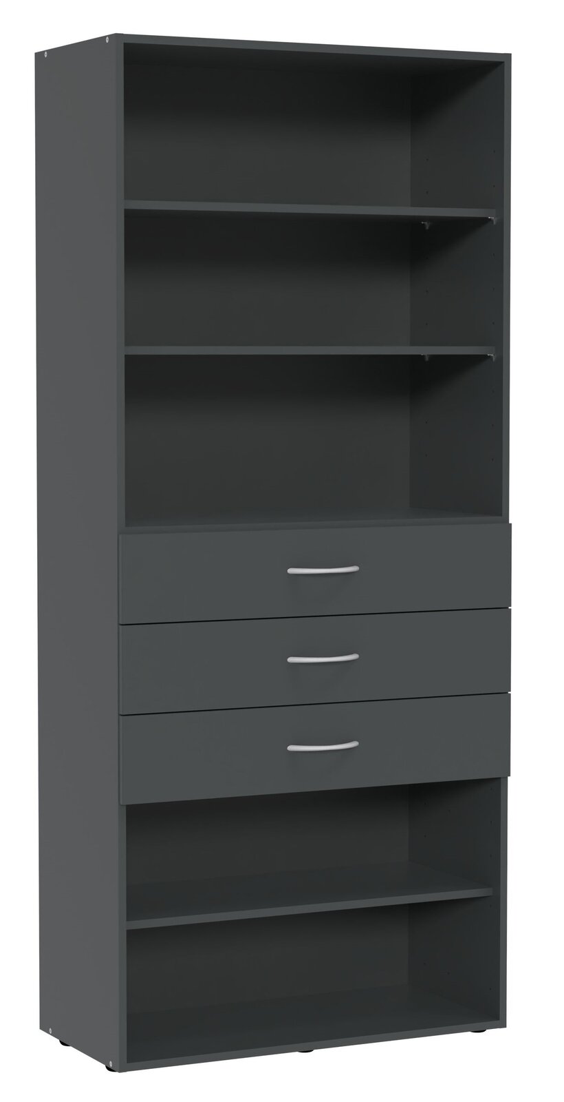 XORA Regal hoch MULTIRAUMKONZEPT Hohes Regal in dunklem Grau mit mehreren offenen Fächern und drei Schubladen, Frontalansicht