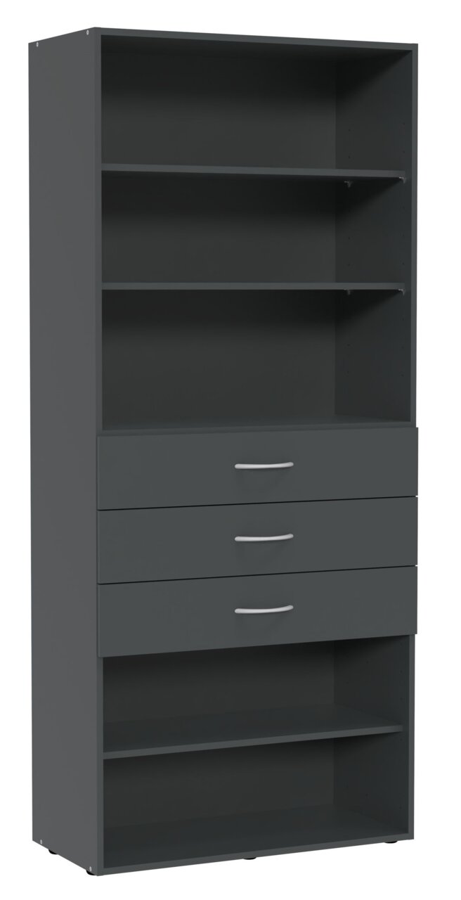 XORA Regal hoch MULTIRAUMKONZEPT Hohes Regal in dunklem Grau mit mehreren offenen Fächern und drei Schubladen, Frontalansicht
