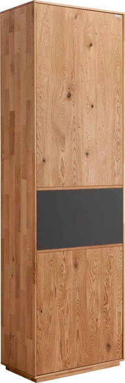 Garderobenschrank aus Holz mit einer schwarzen mittleren Zierleiste, seitliche Perspektive