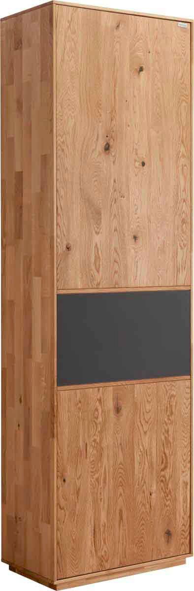 Garderobenschrank aus Holz mit einer schwarzen mittleren Zierleiste, seitliche Perspektive