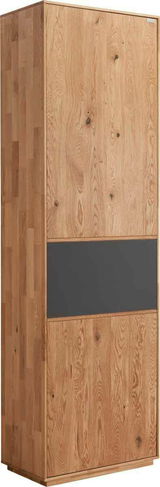 Garderobenschrank aus Holz mit einer schwarzen mittleren Zierleiste, seitliche Perspektive