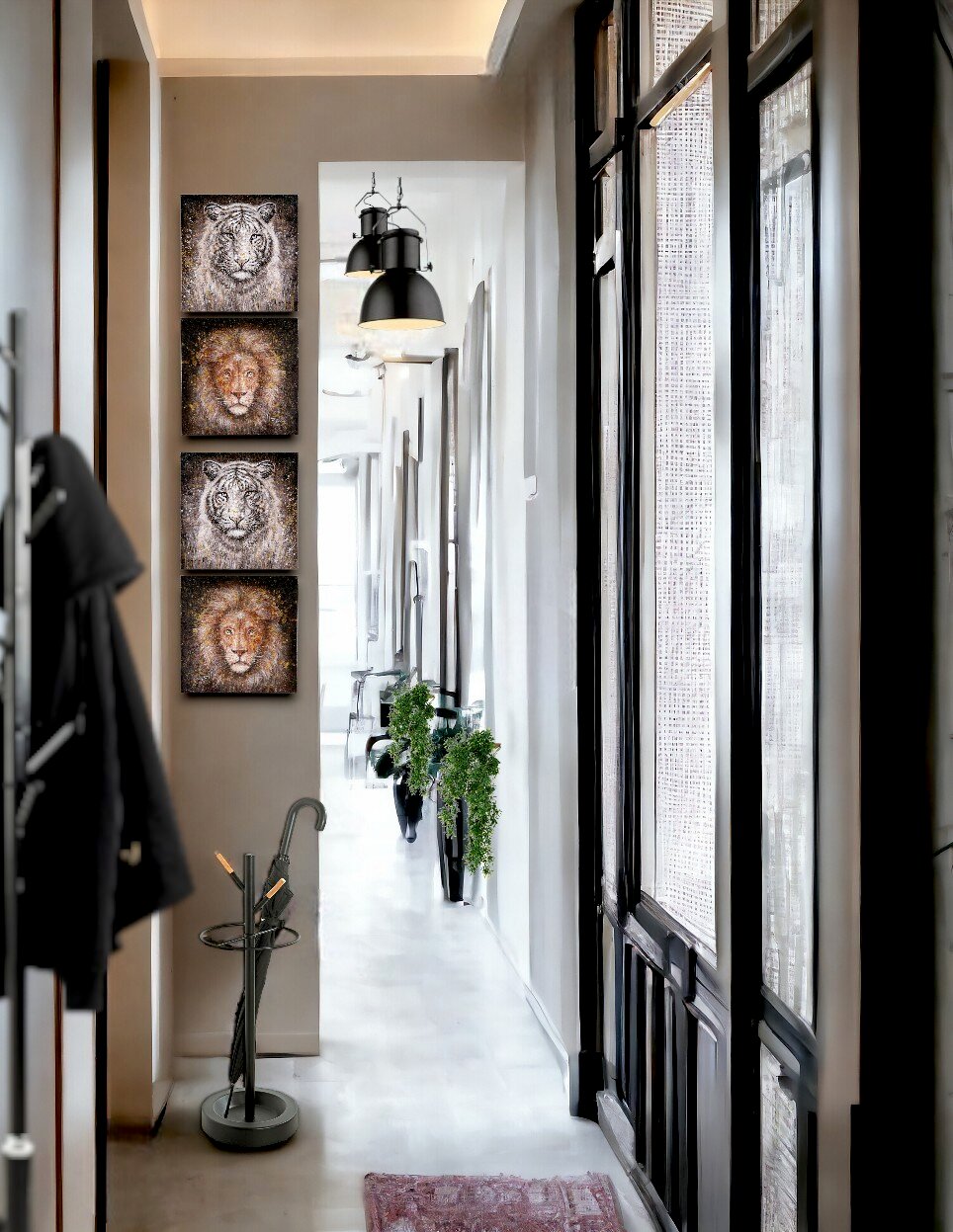 Fluransicht aus Augenhöhe mit vier quadratischen Tierporträt-Wandbildern (Tiger und Löwe) in vertikaler Anordnung, schwarzer Hängeleuchte und großem Fenster rechts