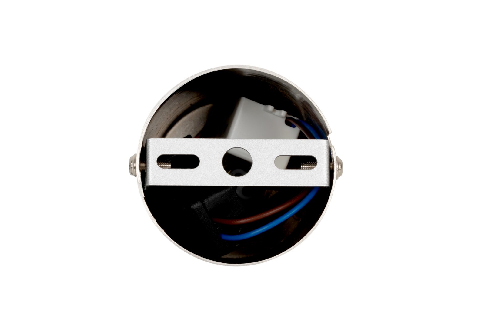 Bovenaanzicht van een ronde metalen beugel met zichtbare kabels en bevestigingselementen, onderdeel van een LED-hanglamp.