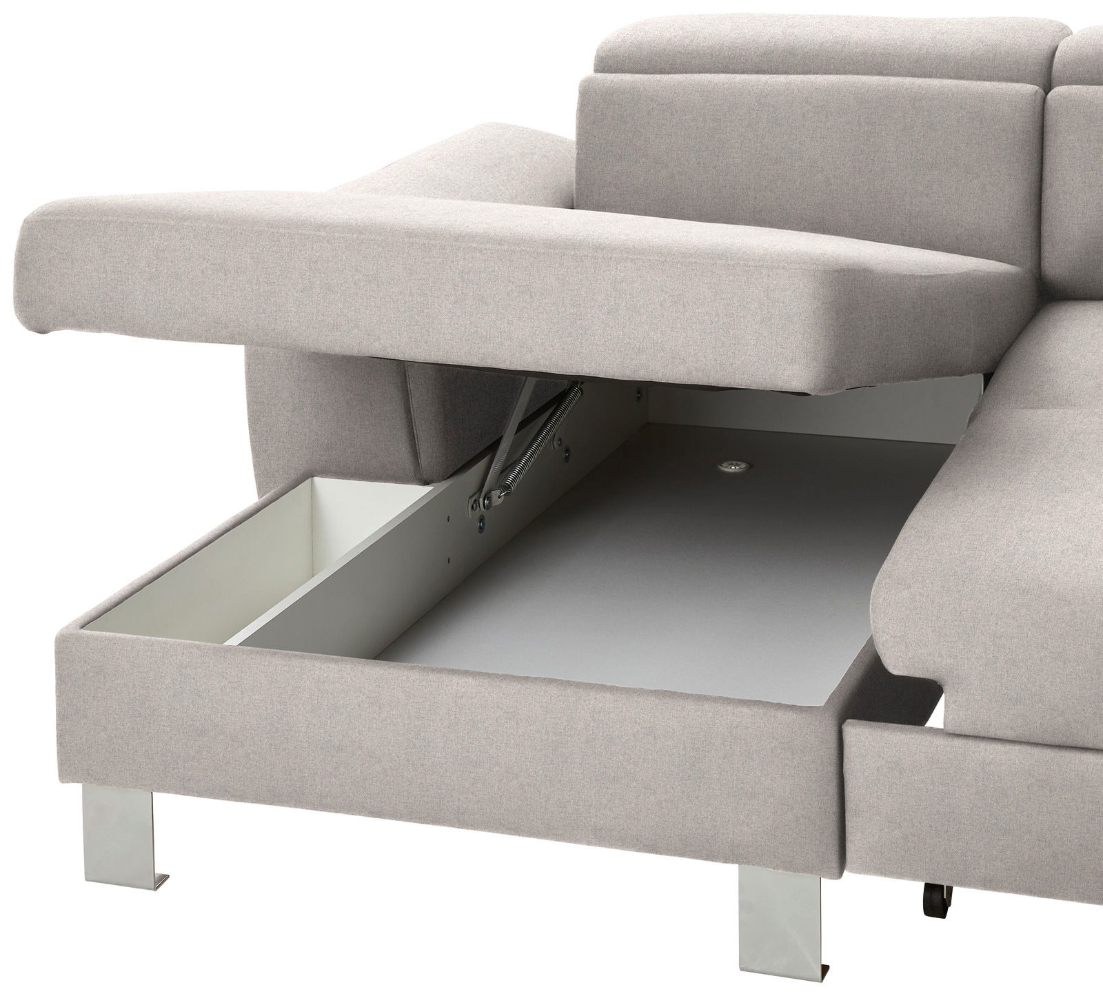 Graues Sofa mit geöffneter Aufbewahrungsbox, seitliche Perspektive