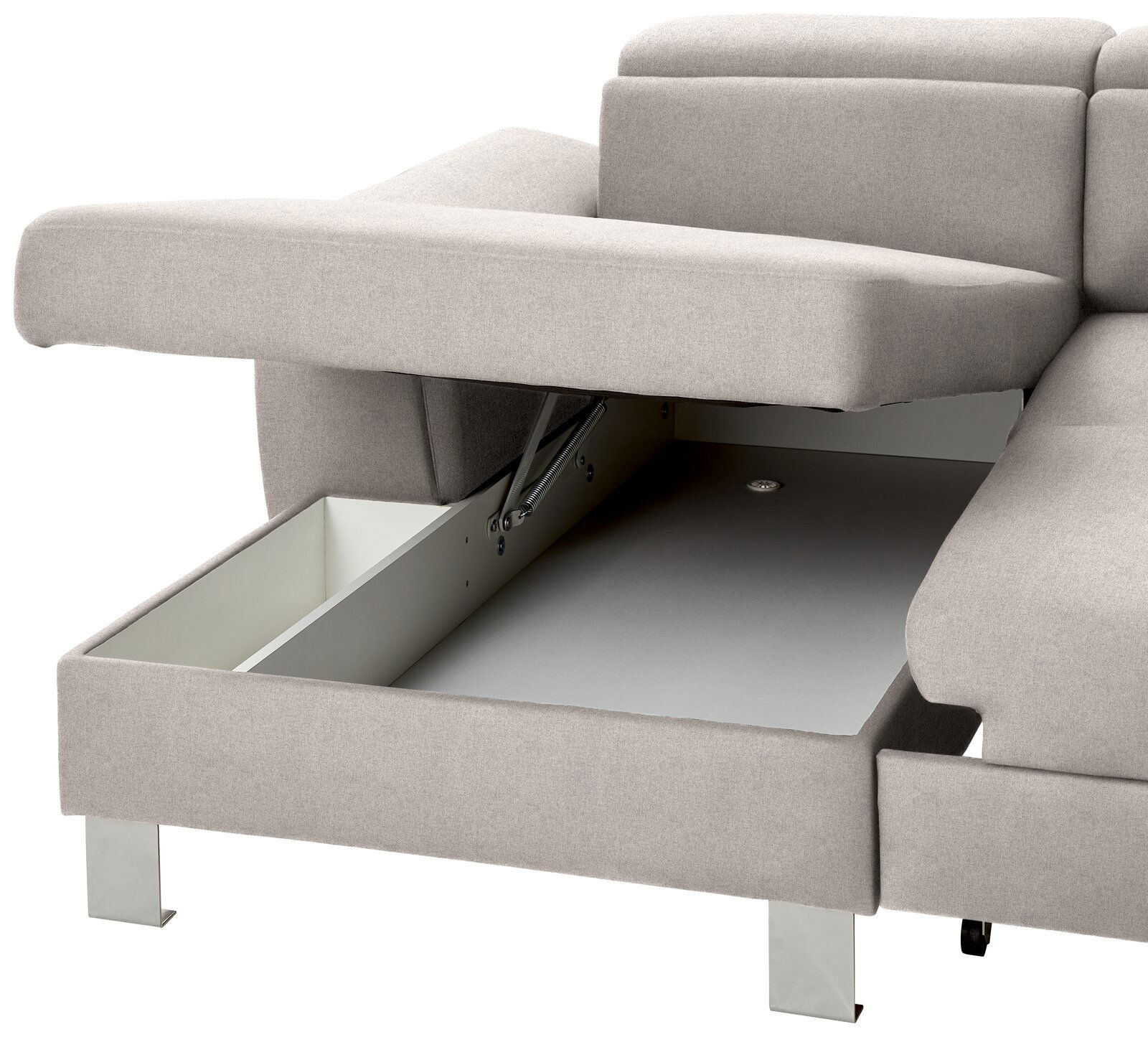 Graues Sofa mit geöffneter Aufbewahrungsbox, seitliche Perspektive