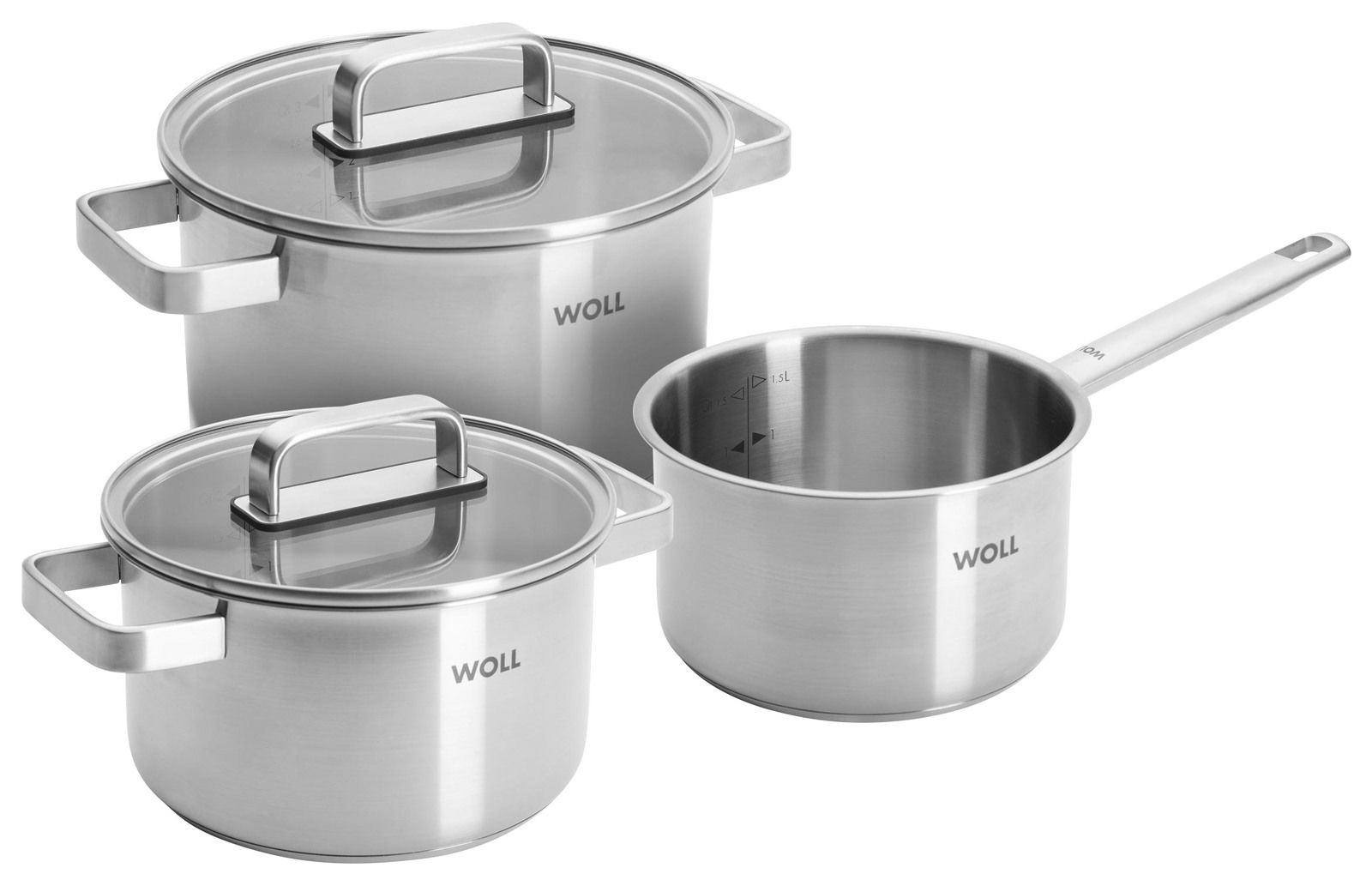 Dreiteiliges Topfset aus Edelstahl mit Glasdeckeln, seitliche Perspektive