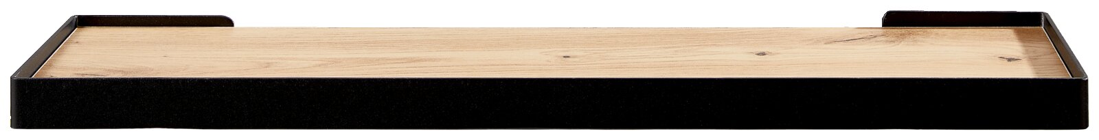 Houten wandplank met zwart metalen frame, zijaanzicht