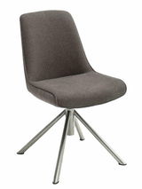 Moderner Stuhl mit grauem Stoffbezug und Metallbeinen, seitliche Perspektive