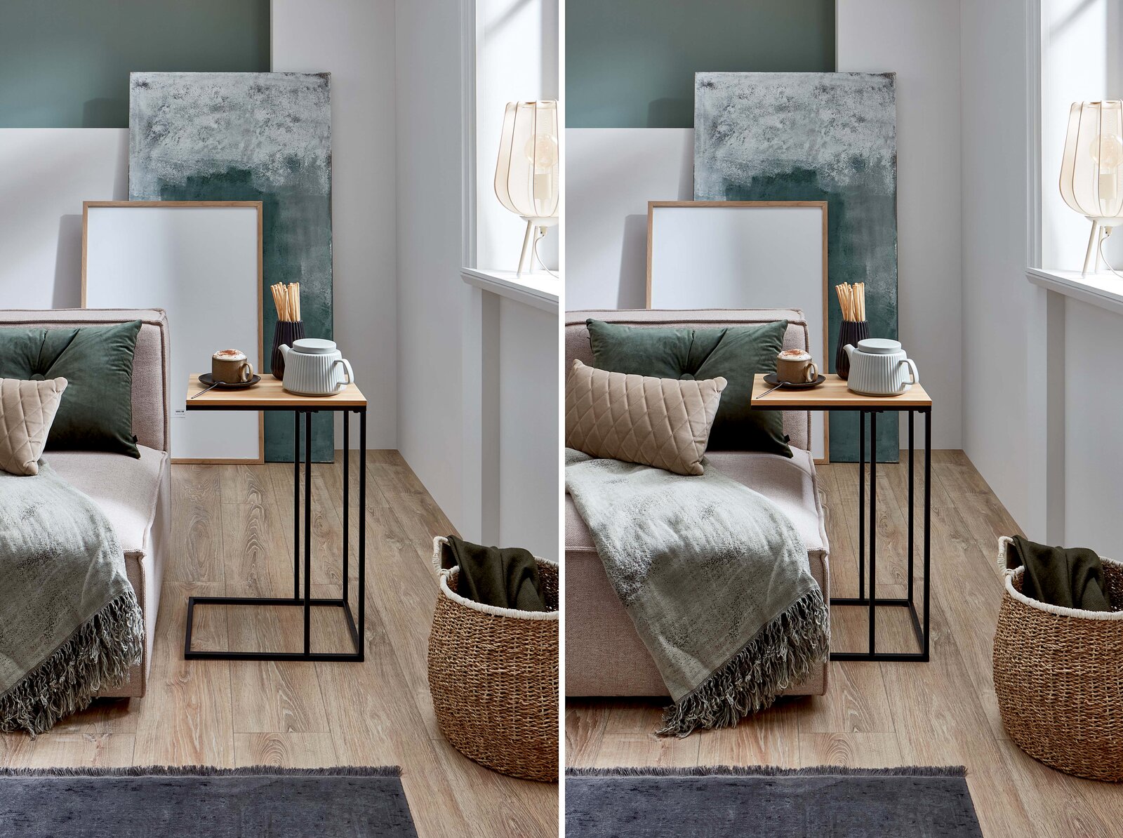 Moderner Beistelltisch mit heller Holzplatte und schwarzem Metallgestell neben einem Sofa, seitliche Perspektive im Wohnraum-Setting.