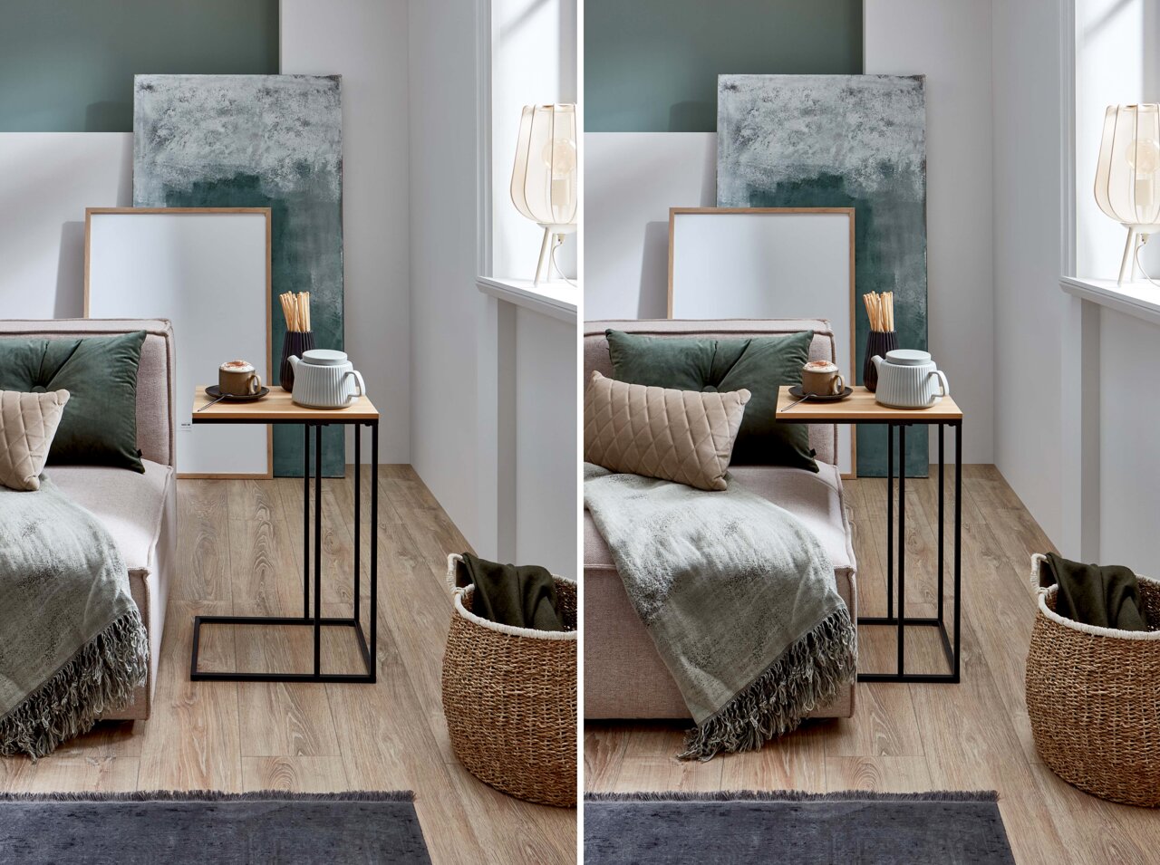 Moderner Beistelltisch mit heller Holzplatte und schwarzem Metallgestell neben einem Sofa, seitliche Perspektive im Wohnraum-Setting.