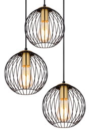 Drei Hängeleuchten mit schwarzem Drahtkäfig-Design und sichtbaren Glühbirnen, aus der Seitenperspektive betrachtet.