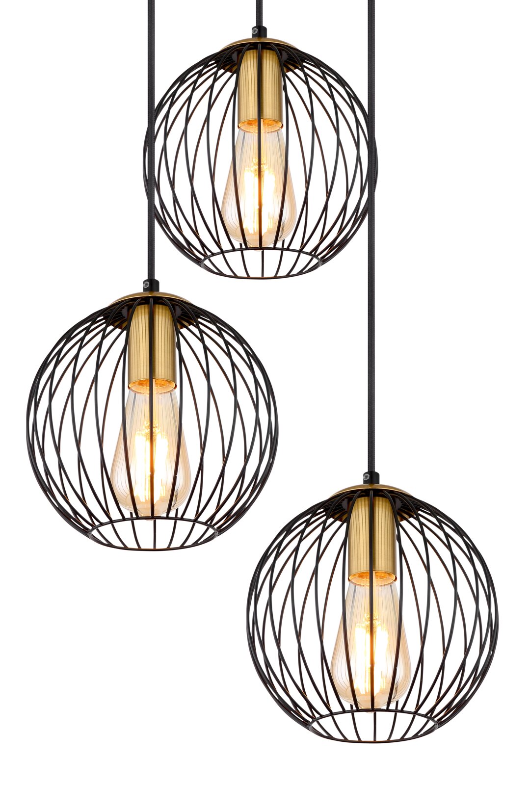 Drei Hängeleuchten mit schwarzem Drahtkäfig-Design und sichtbaren Glühbirnen, aus der Seitenperspektive betrachtet.