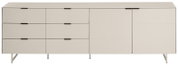 Modernes Sideboard in Hellgrau/Beige mit mehreren Schubladen und Türen, schwarzen Griffleisten und Metallfüßen, Frontansicht