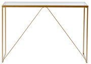Elegante Konsole mit Glasplatte und goldfarbenem Metallrahmen, frontal betrachtet.