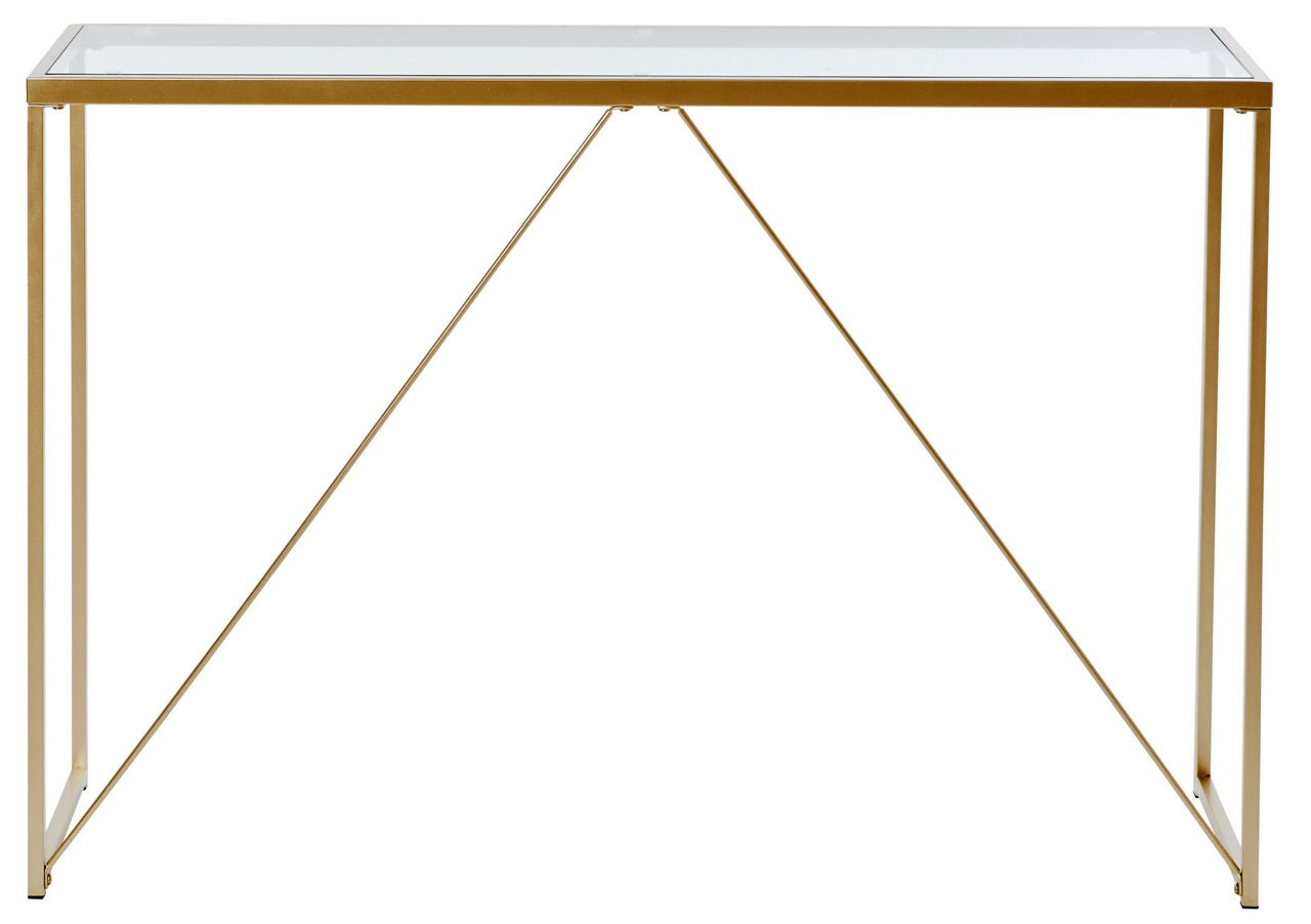 Elegante Konsole mit Glasplatte und goldfarbenem Metallrahmen, frontal betrachtet.