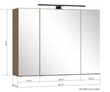 Spiegelschrank 80 cm mit drei Türen, Holzrahmen und integrierter Beleuchtung, seitliche Perspektive