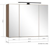 Spiegelschrank 80 cm mit drei Türen, Holzrahmen und integrierter Beleuchtung, seitliche Perspektive