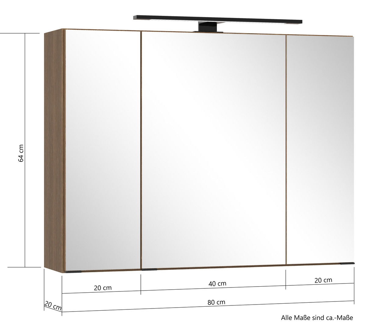 Spiegelschrank 80 cm mit drei Türen, Holzrahmen und integrierter Beleuchtung, seitliche Perspektive