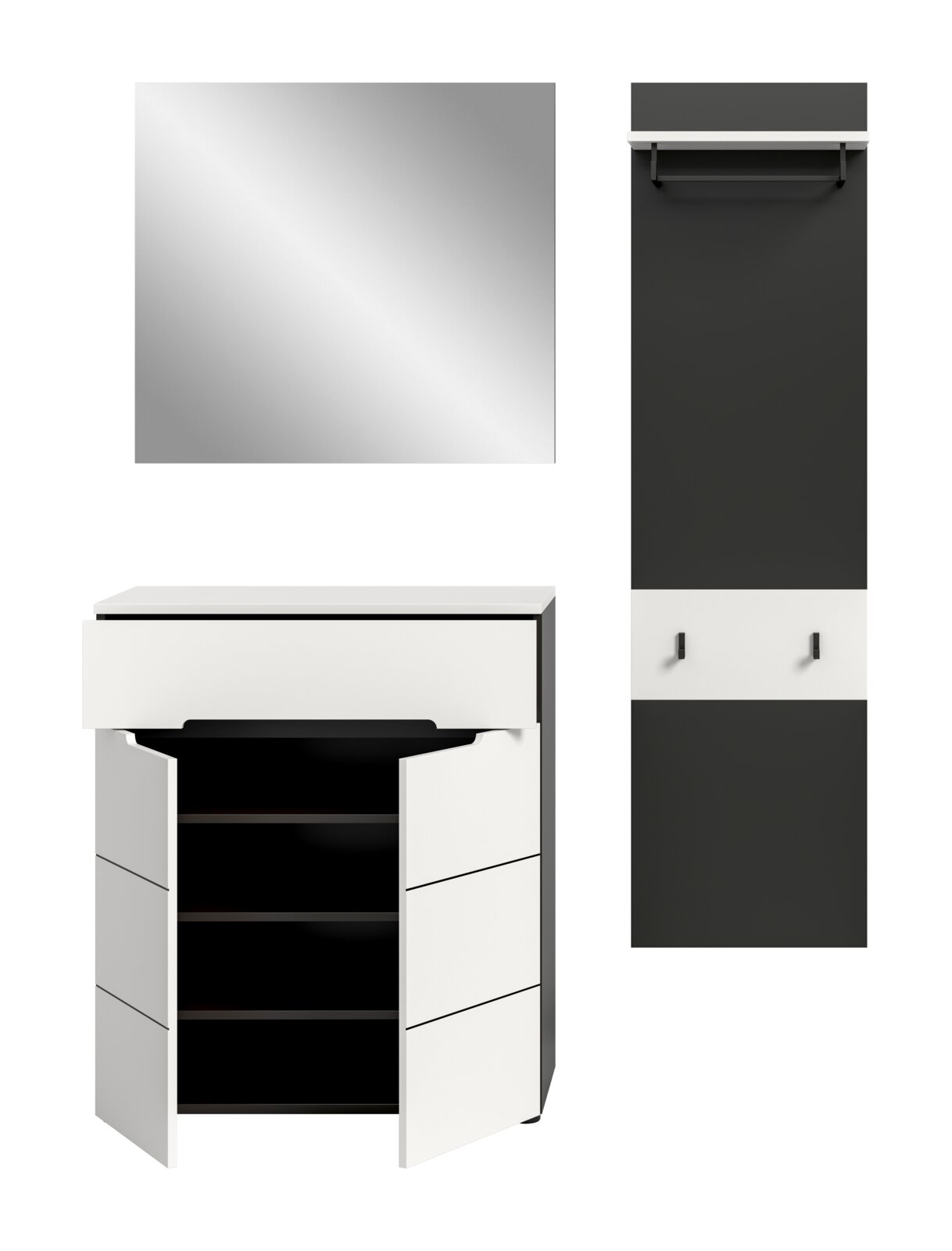 Modernes weißes Badezimmermöbel-Set mit Spiegelschrank, Hochschrank und Waschtischunterschrank mit geöffneten Türen, Frontansicht auf weißem Hintergrund