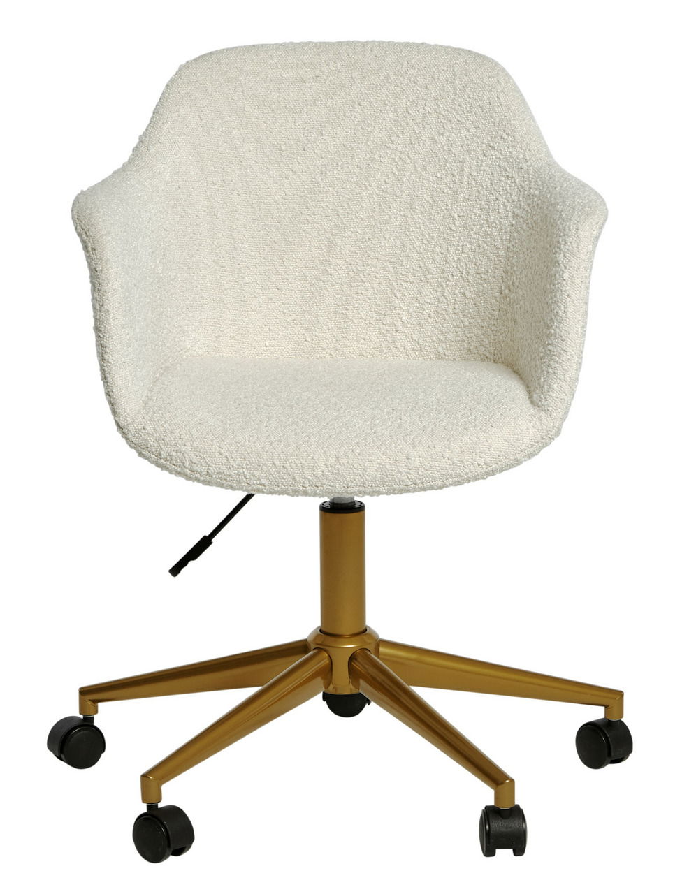 Moderner Bürostuhl mit weißem Stoffbezug und goldfarbenem Gestell, Vorderansicht