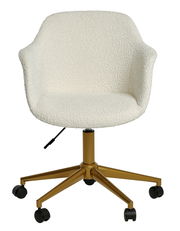 Moderner Bürostuhl mit weißem Stoffbezug und goldfarbenem Gestell, Vorderansicht