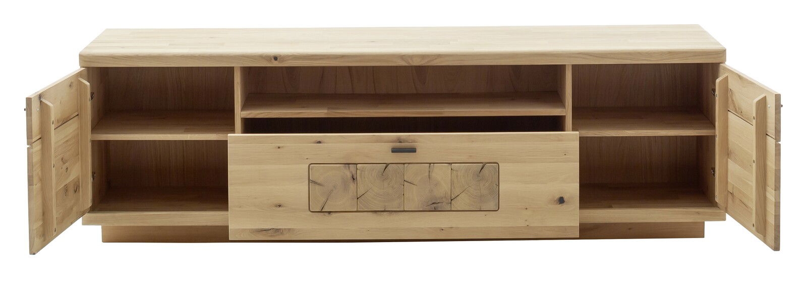 Frontale Ansicht eines Lowboards aus Holz mit offenen Türen und Fächern.