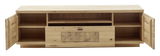 Frontale Ansicht eines Lowboards aus Holz mit offenen Türen und Fächern.