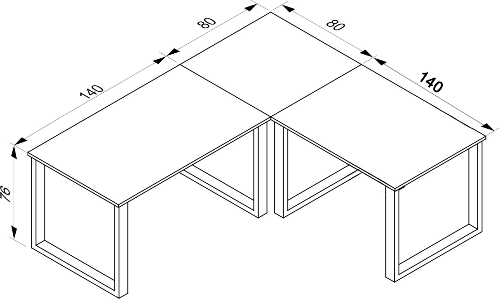 Isometrische technische Zeichnung eines L-förmigen Eckschreibtischs mit Maßangaben (je Schenkel 140×80 cm, Höhe 76 cm)