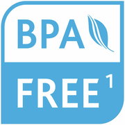 BPA-frei Symbol in blauer Farbe mit Blattmotiv, Vorderansicht