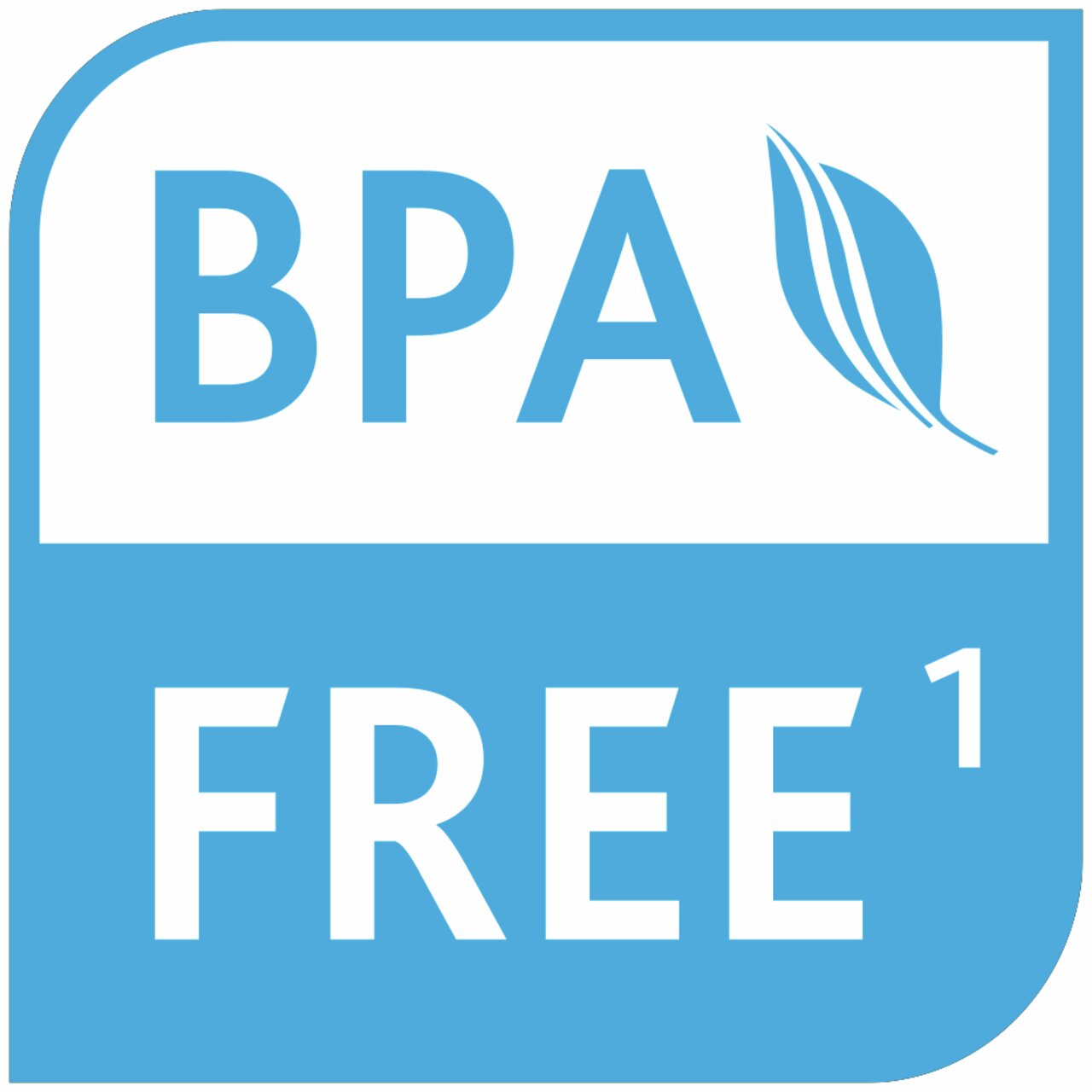 BPA-frei Symbol in blauer Farbe mit Blattmotiv, Vorderansicht