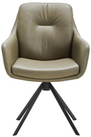 Moderner Armlehnstuhl in olivgrünem Leder mit schwarzem Metallgestell, Frontalansicht