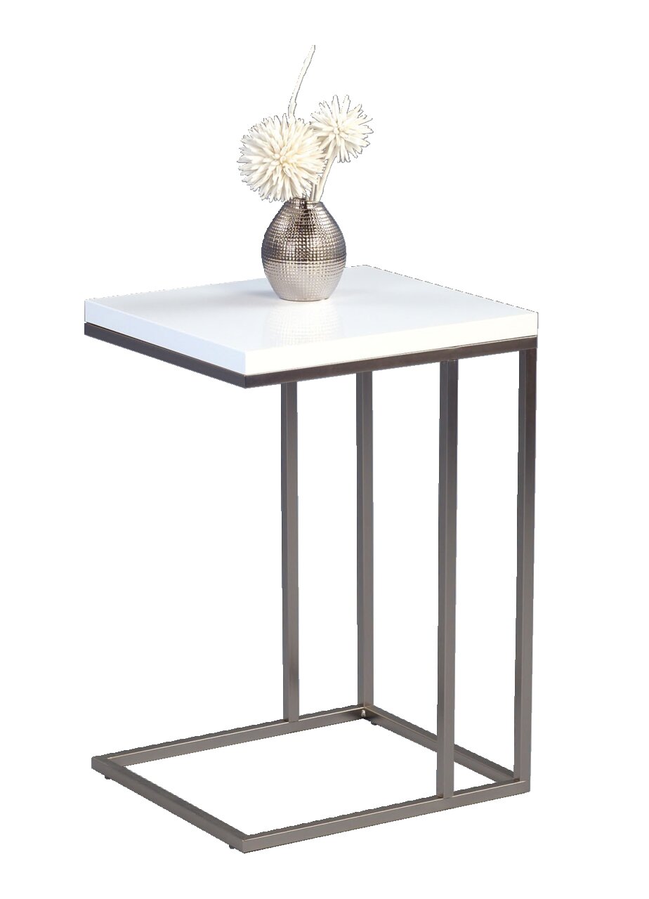 Moderner Beistelltisch mit weißer Tischplatte und Metallgestell, seitliche Perspektive, dekoriert mit einer Vase und weißen Blumen.