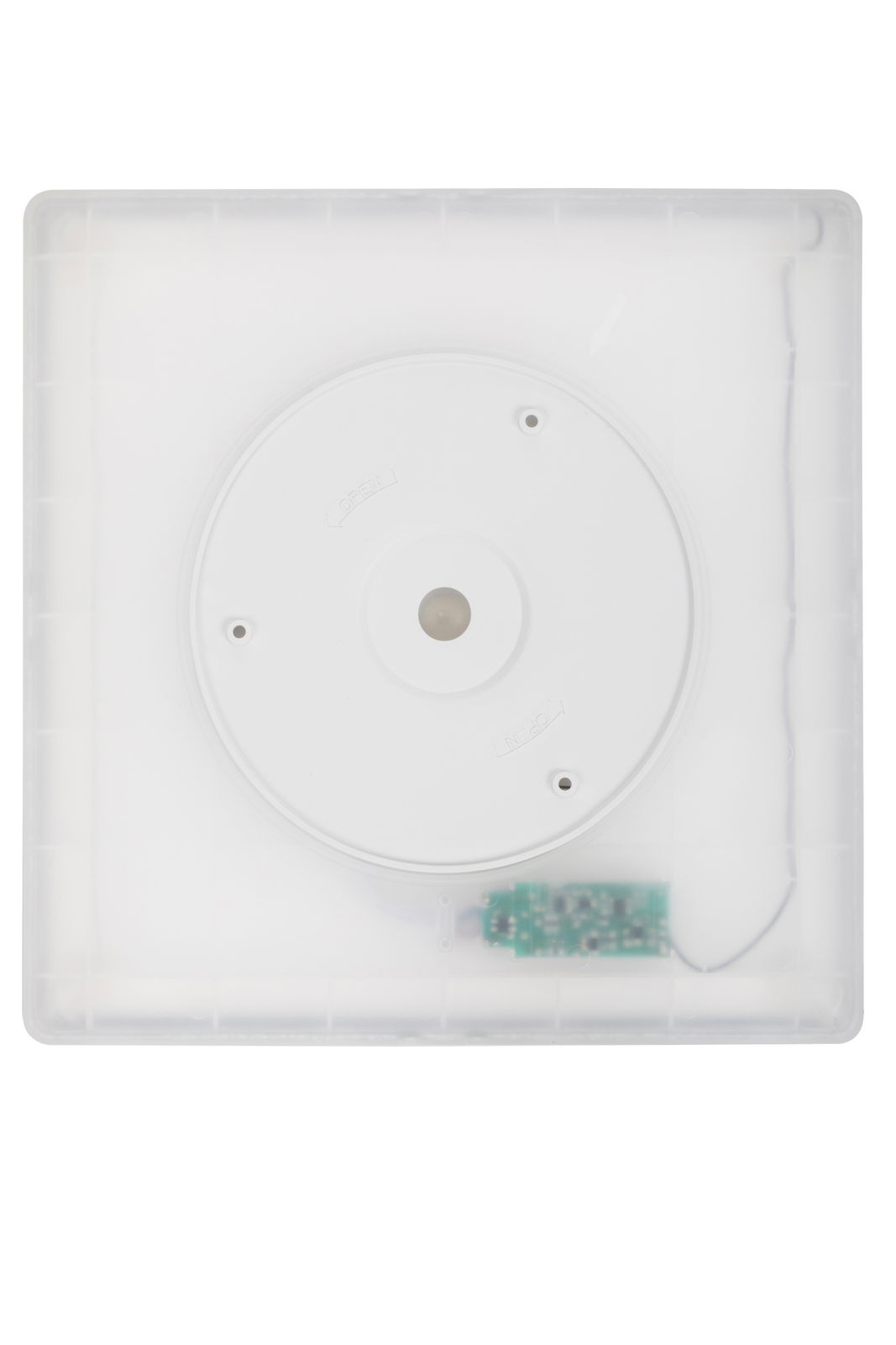 LED-Deckenleuchte von oben mit sichtbarer Elektronik und runder Abdeckung in der Mitte.