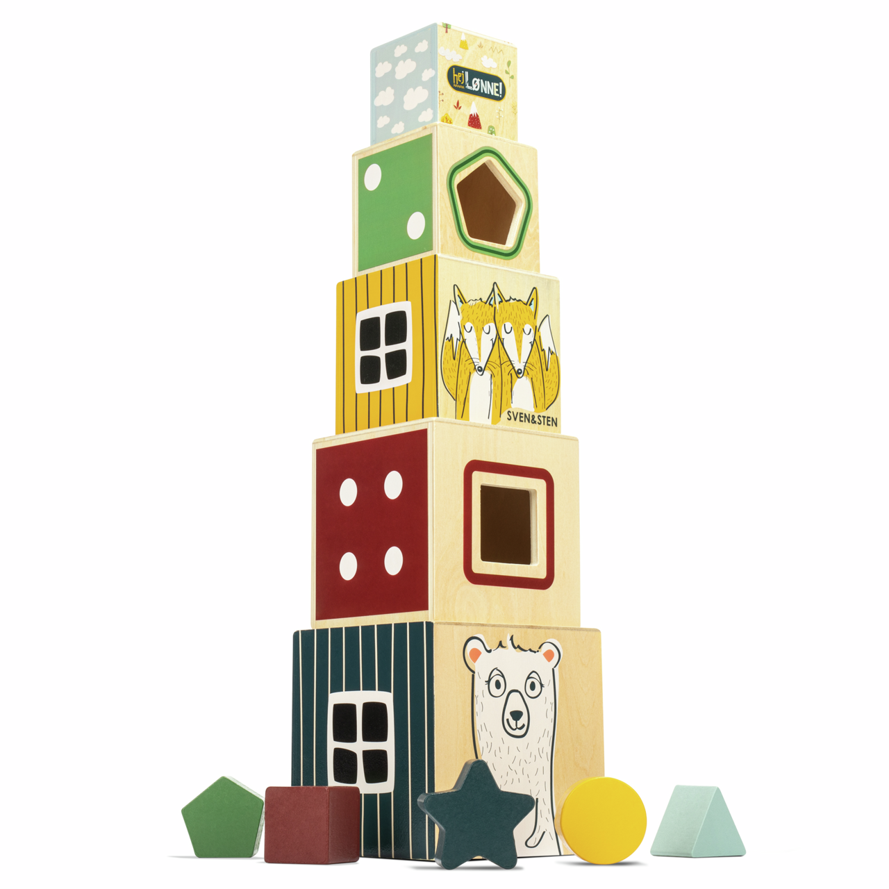 Holz-Würfelturm mit bunten Würfeln und Tiermotiven, seitliche Perspektive