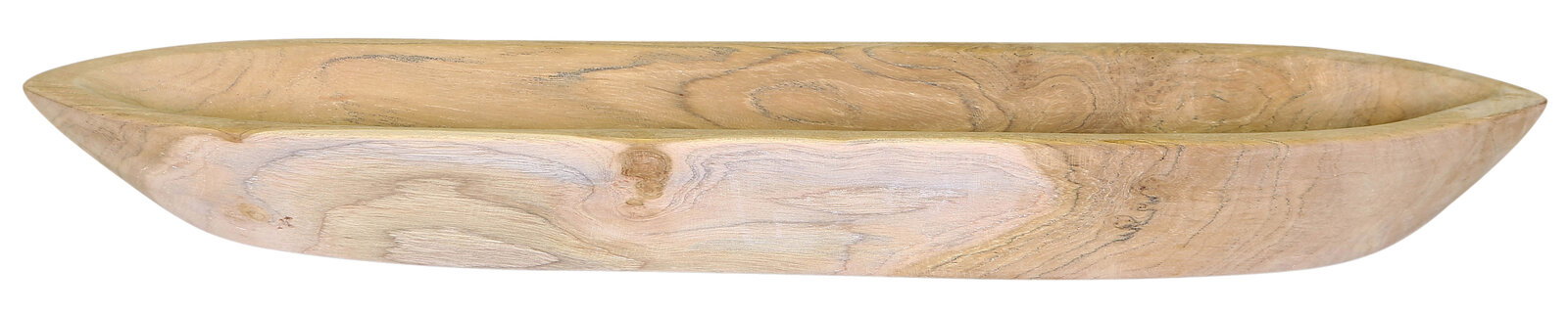 Holzschale in Bootsform aus seitlicher Perspektive