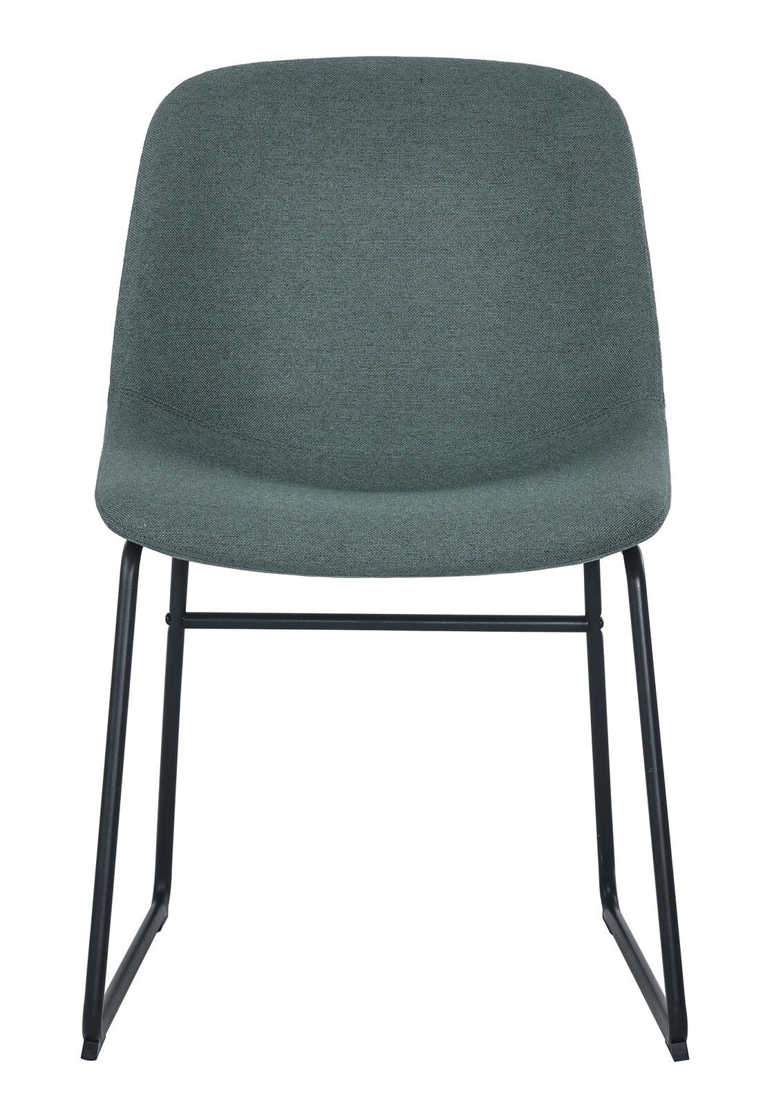 Moderner Stuhl mit grünem Stoffbezug und schwarzem Metallgestell, Frontalansicht