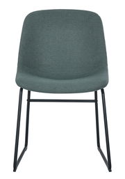 Moderner Stuhl mit grünem Stoffbezug und schwarzem Metallgestell, Frontalansicht