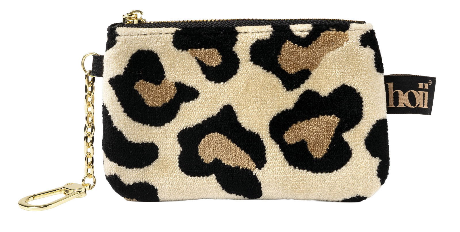 Schlüsseltasche mit Leopardenmuster und goldener Kette, Vorderansicht