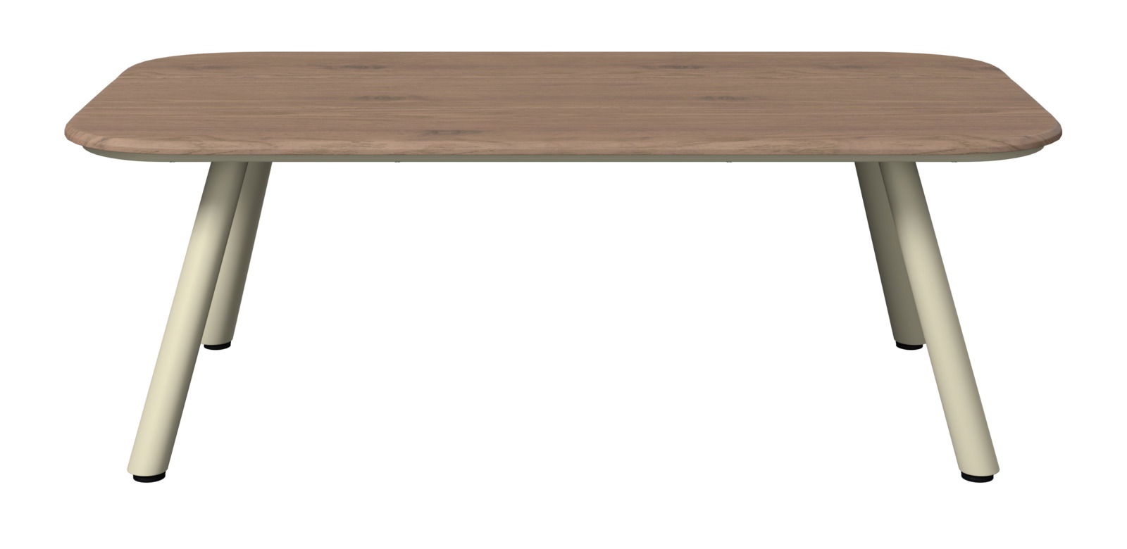 Moderner Gartentisch mit Holzoptik und cremefarbenen Beinen, frontal betrachtet.