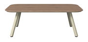 Moderner Gartentisch mit Holzoptik und cremefarbenen Beinen, frontal betrachtet.