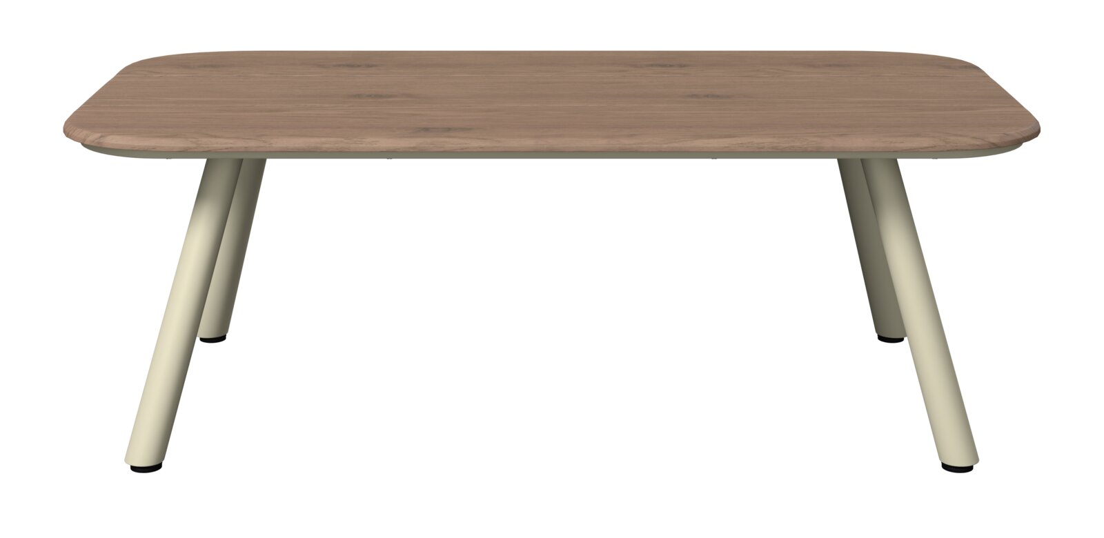 Moderne tuintafel met houtlook en crèmekleurige poten, gezien vanaf de voorkant.