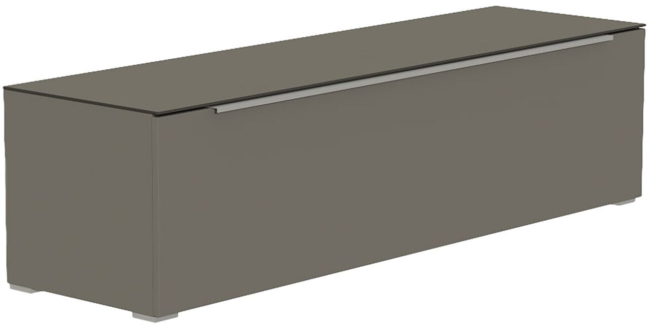 TV-Lowboard in grauer Farbe, seitliche Perspektive