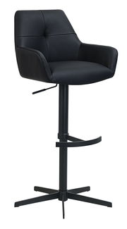 Moderner schwarzer Barhocker mit gepolsterter Rückenlehne und Armlehnen, seitliche Perspektive
