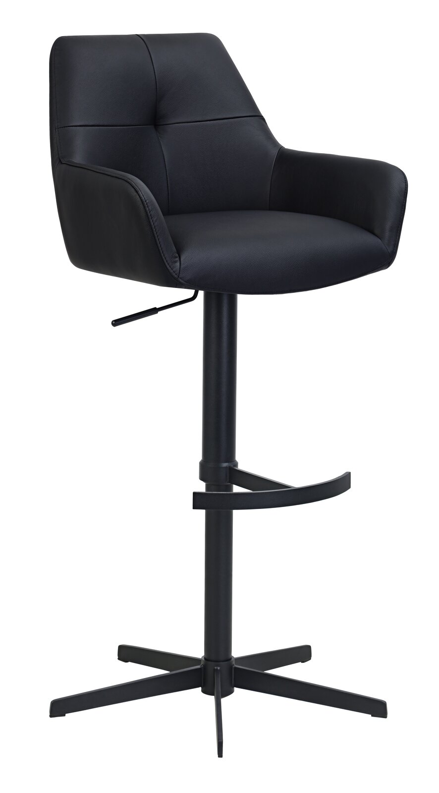 Novel Barhocker MEDUSA Moderner schwarzer Barhocker mit gepolsterter Rückenlehne und Armlehnen, seitliche Perspektive